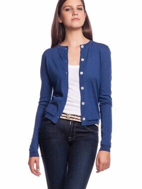 Inhabit Button Cardigan Blue Colorblock Chunky Knit 100% Cotton XS